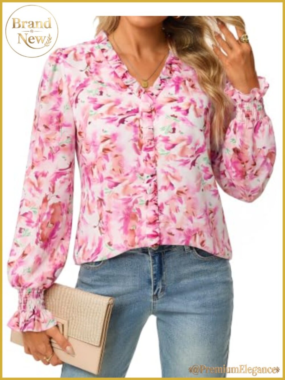 Womens Boho Ruffle V-Neck Chiffon Blouse Long Lantern Sleeve Work Top